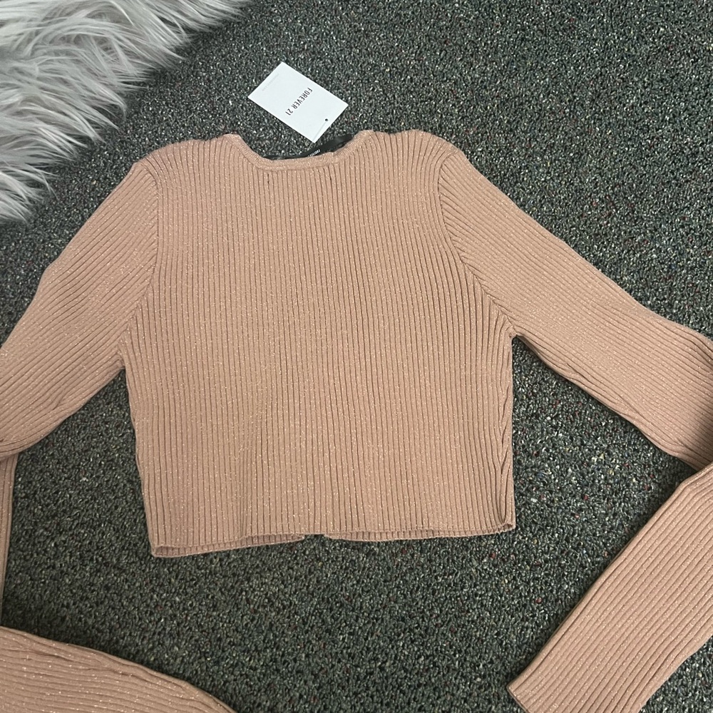 FOREVER 21 Nude Beige Tan Camel Cropped Ribbed Cardigan Sweater Top Shirt Sz M - Picture 11 of 16